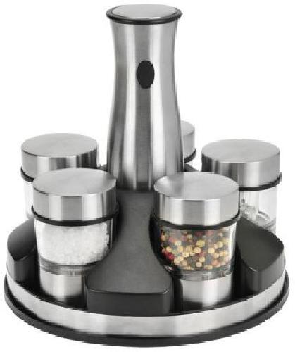 Kalorik PPG 36584 Rechargeable Electric Cordless Spice Mill Set; Rechargeable cordless spice mill set; Stainless steel finish; Rotary base display for five spice containers, for maximum versatility; All your spices, peppers and salt always ground fresh for maximum flavor and taste; All containers immediately interchangeable, for grinding on the fly; Containers with stainless steel base and lid; UPC 877340002816 (PPG36584 PPG 36584)